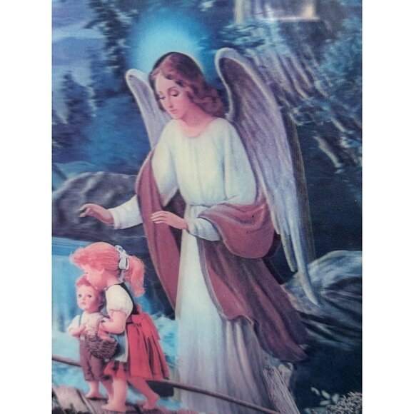 Vintage 70's Lenticular 3D Hologram Guardian Angel Children Framed Picture - Picture 14 of 15